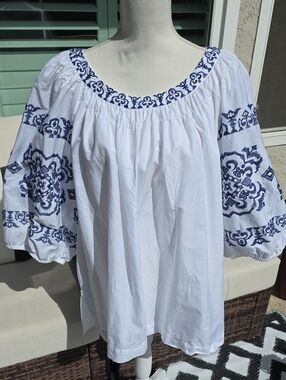 Tommy Hilfiger White Peasant Top with Navy Embroidery